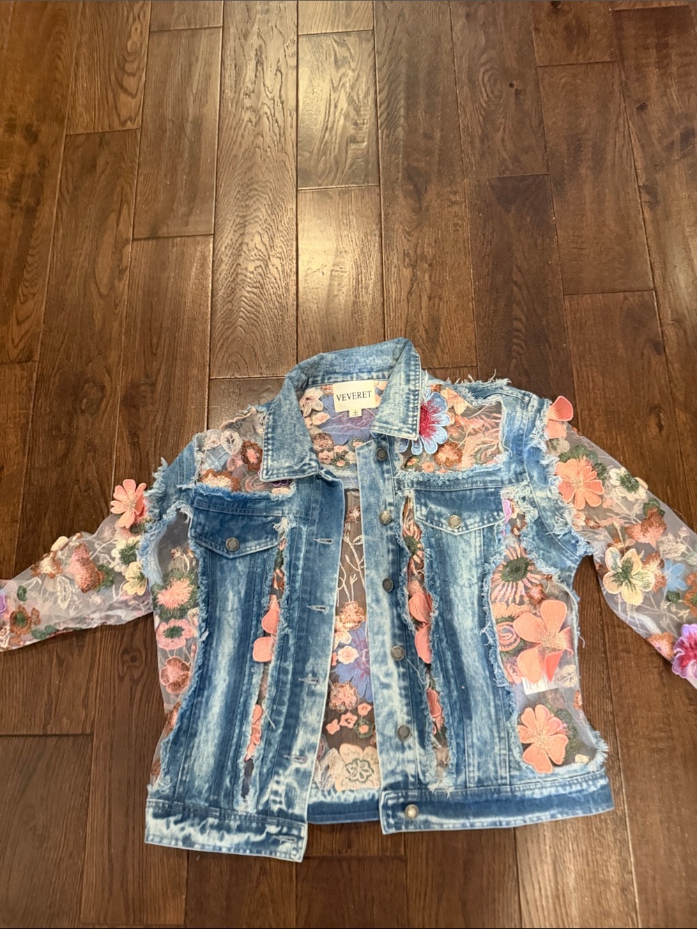Vervet Sheer Floral Embroidered Denim Jacket - Blue - Picture 3 of 6